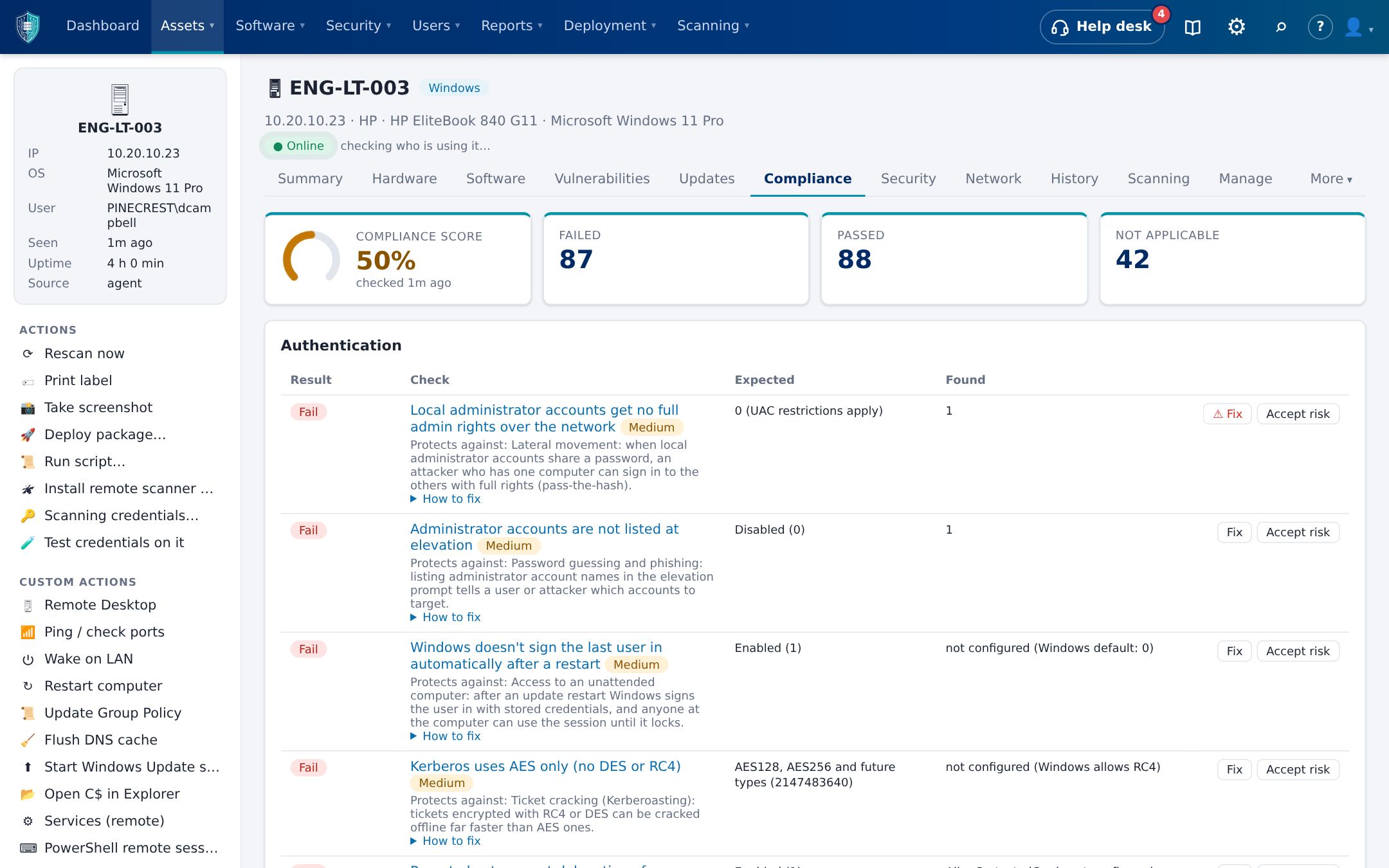 Compliance tab of a laptop showing its score and each check with expected and found values