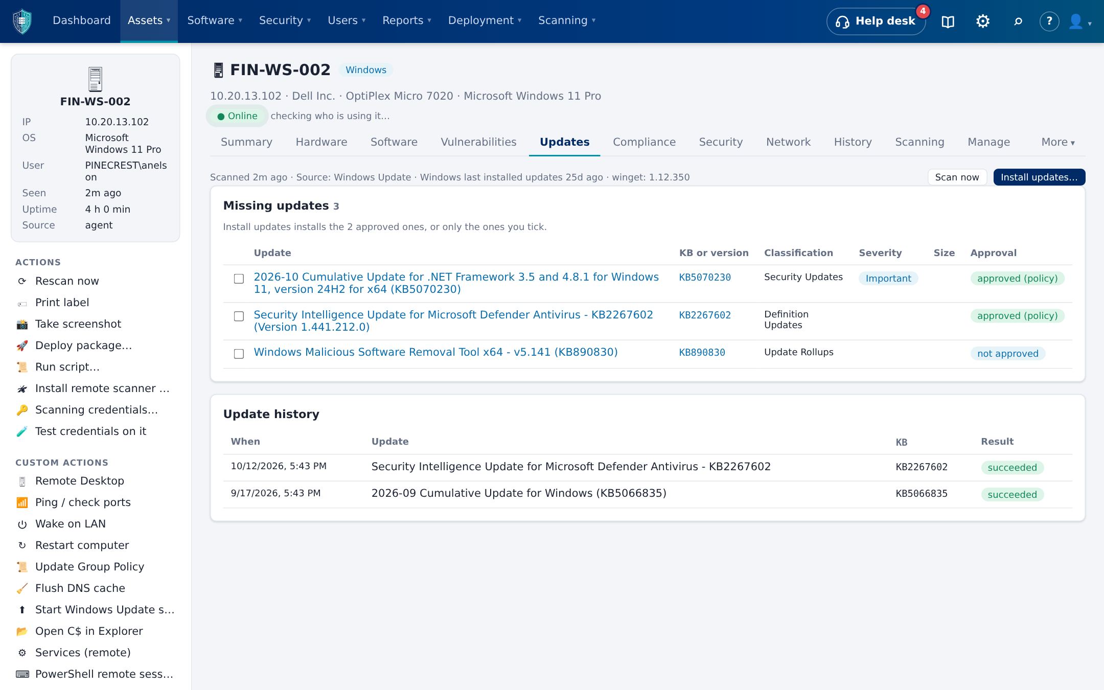 Updates tab of a computer with missing Windows updates, approvals and update history