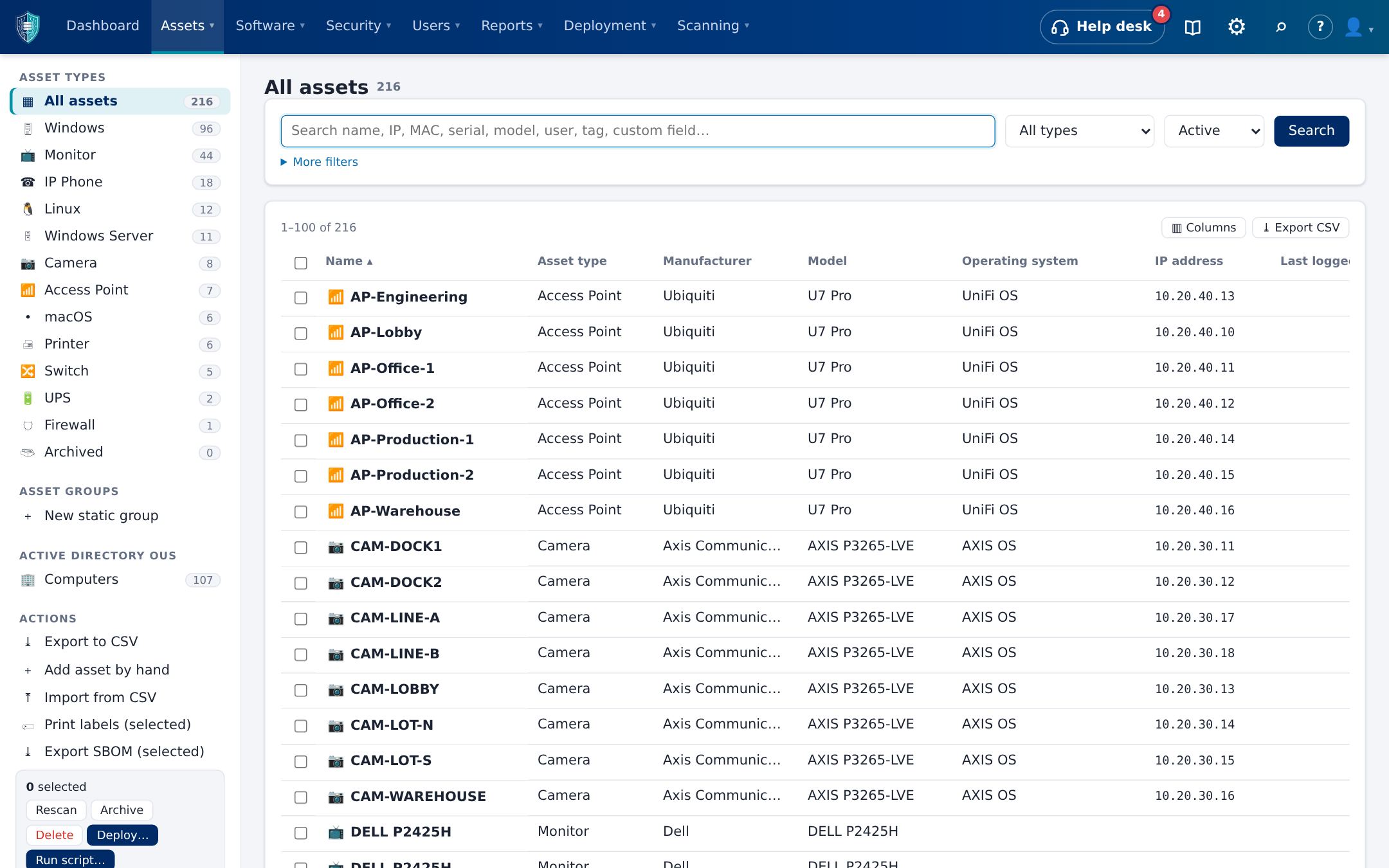 Asset list filtered by type with manufacturer, model, operating system and IP address