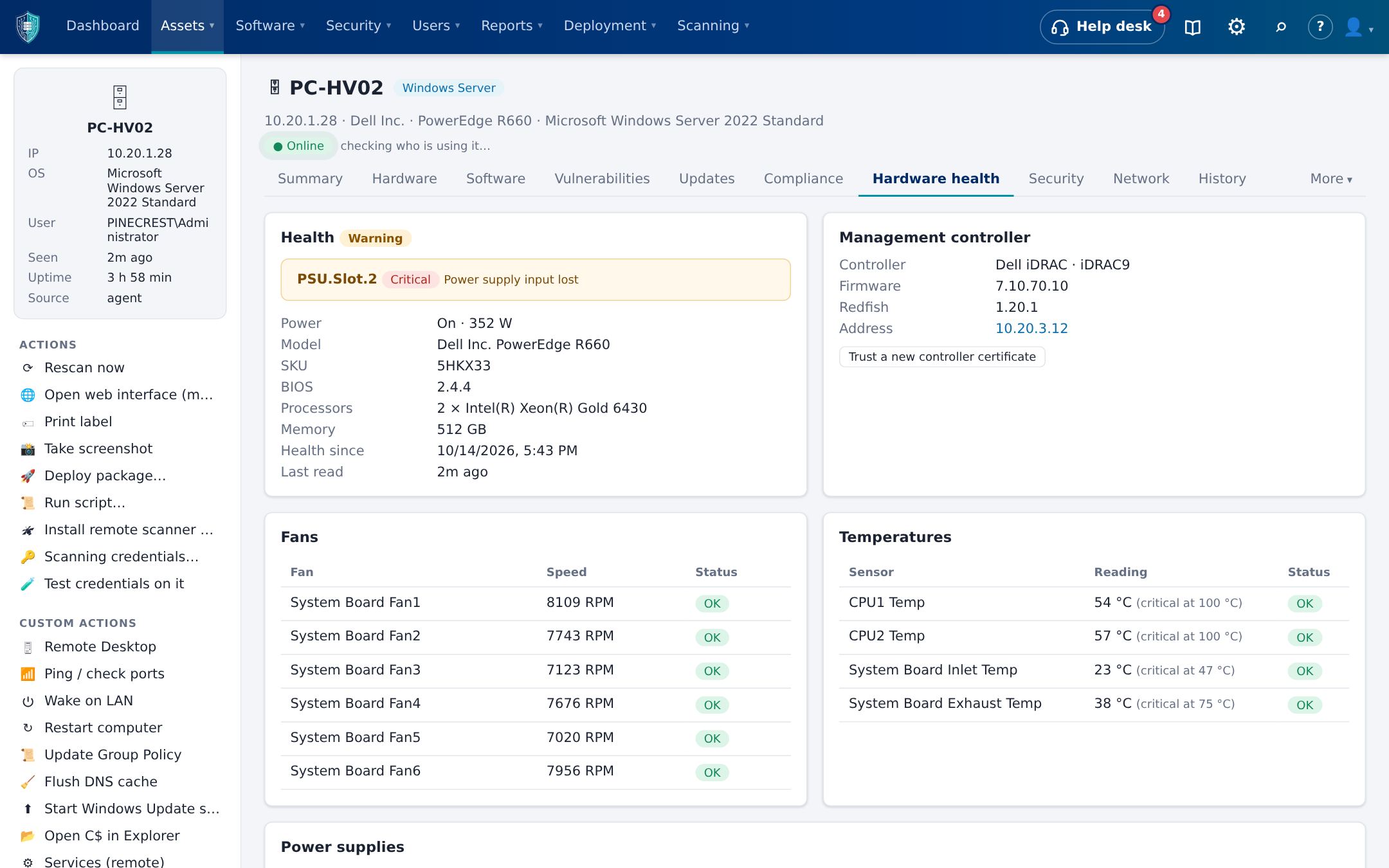 Hardware health tab of a server showing a failed power supply, fans and temperatures read from its iDRAC
