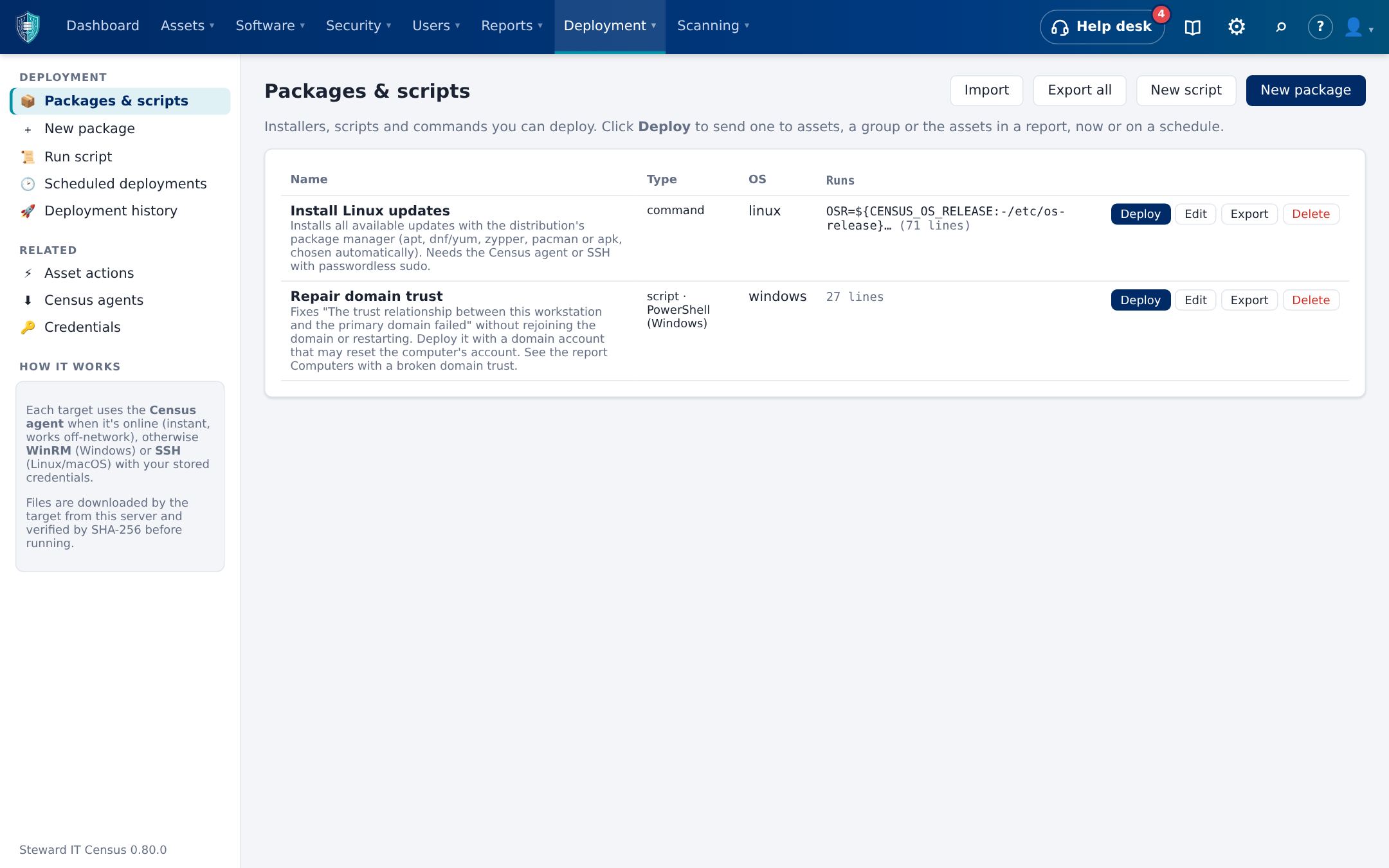 Packages and scripts page with Deploy, Edit and Export buttons