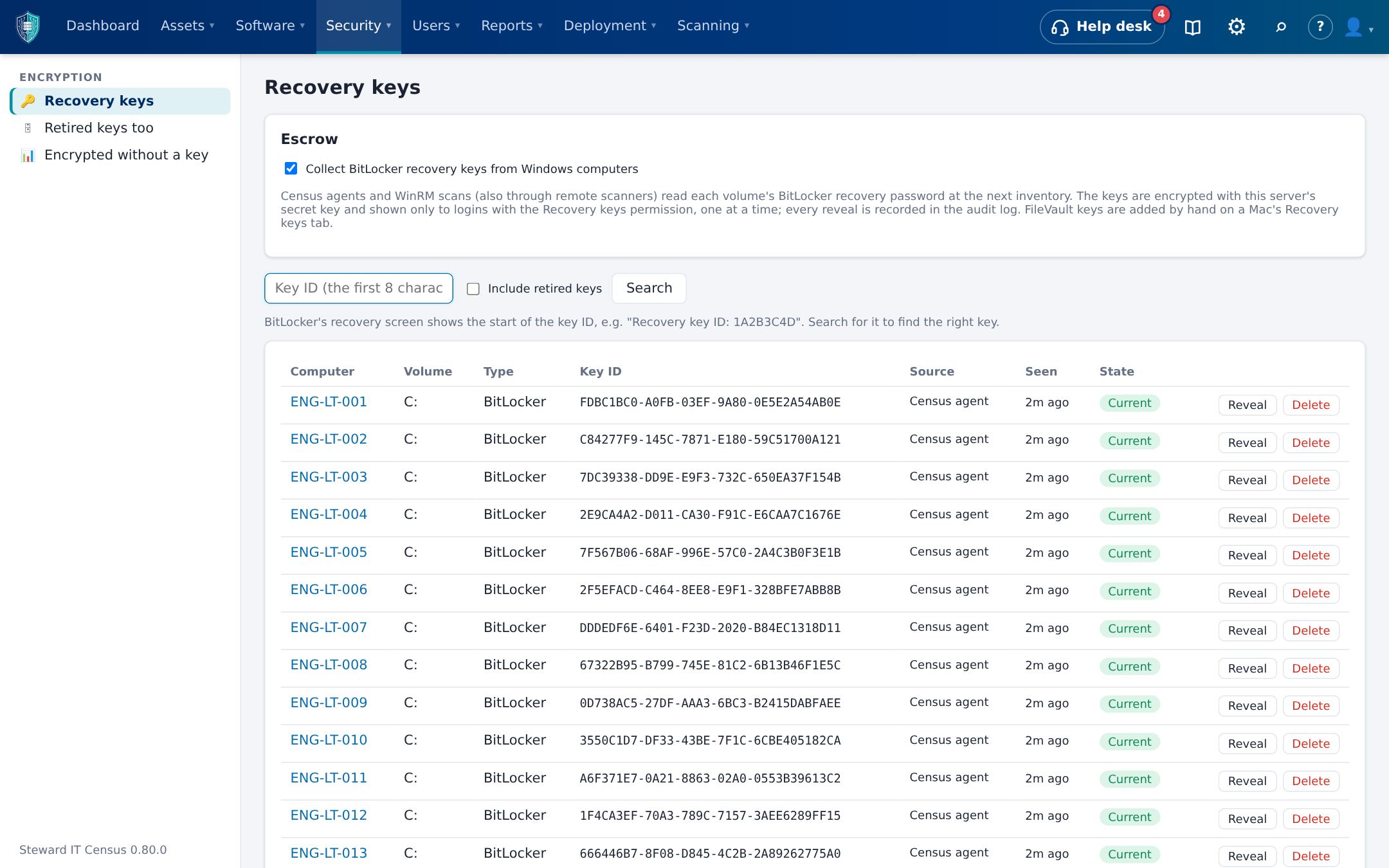BitLocker recovery keys collected from laptops, with Reveal recorded in the audit log