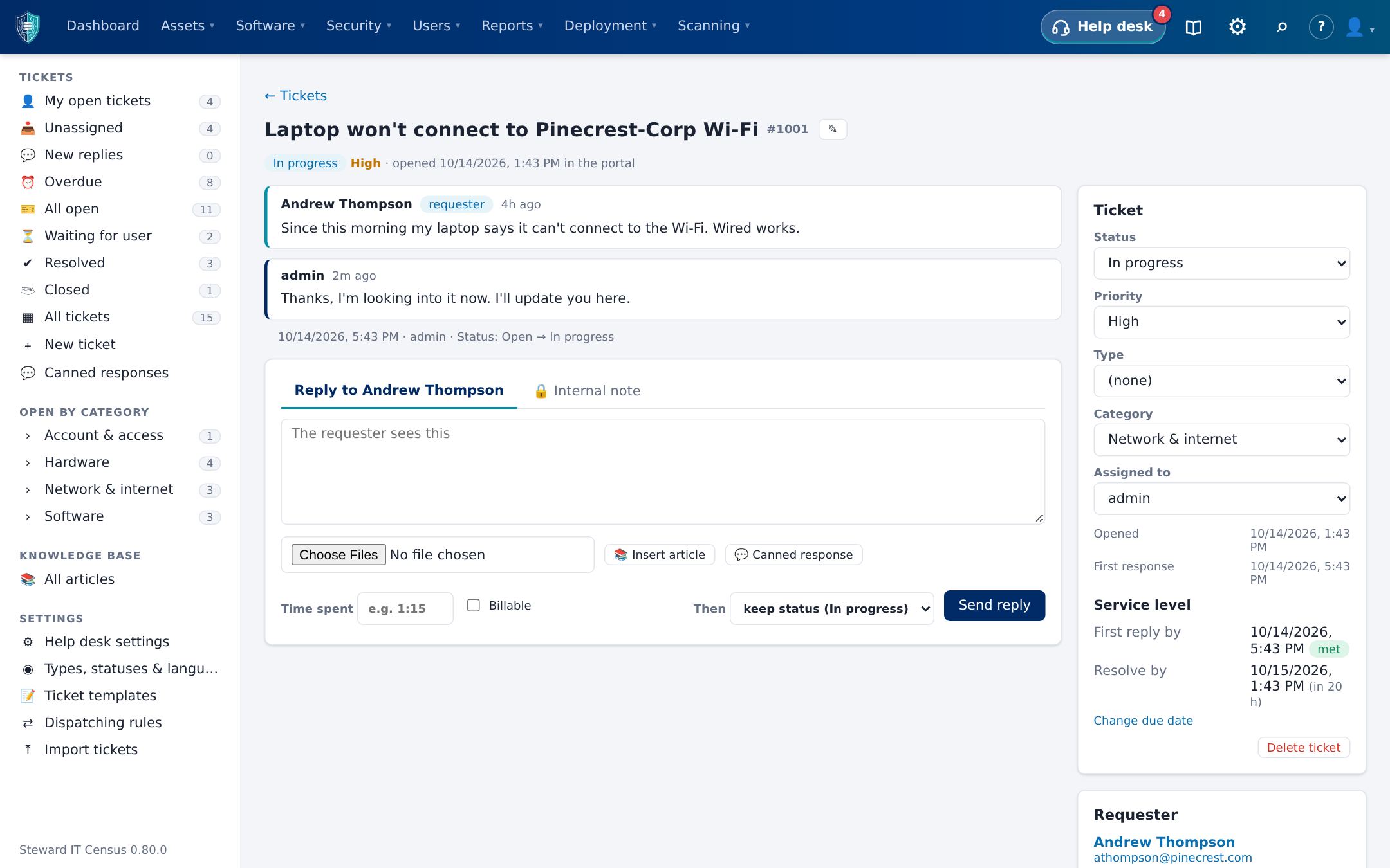A help desk ticket linked to its requester's laptop, with service level, time spent and reply box